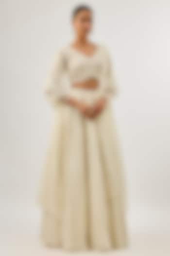 Ivory Viscose & Organza Gathered Wedding Lehenga Set by COUTURE BY NIHARIKA at Pernia's Pop Up Shop