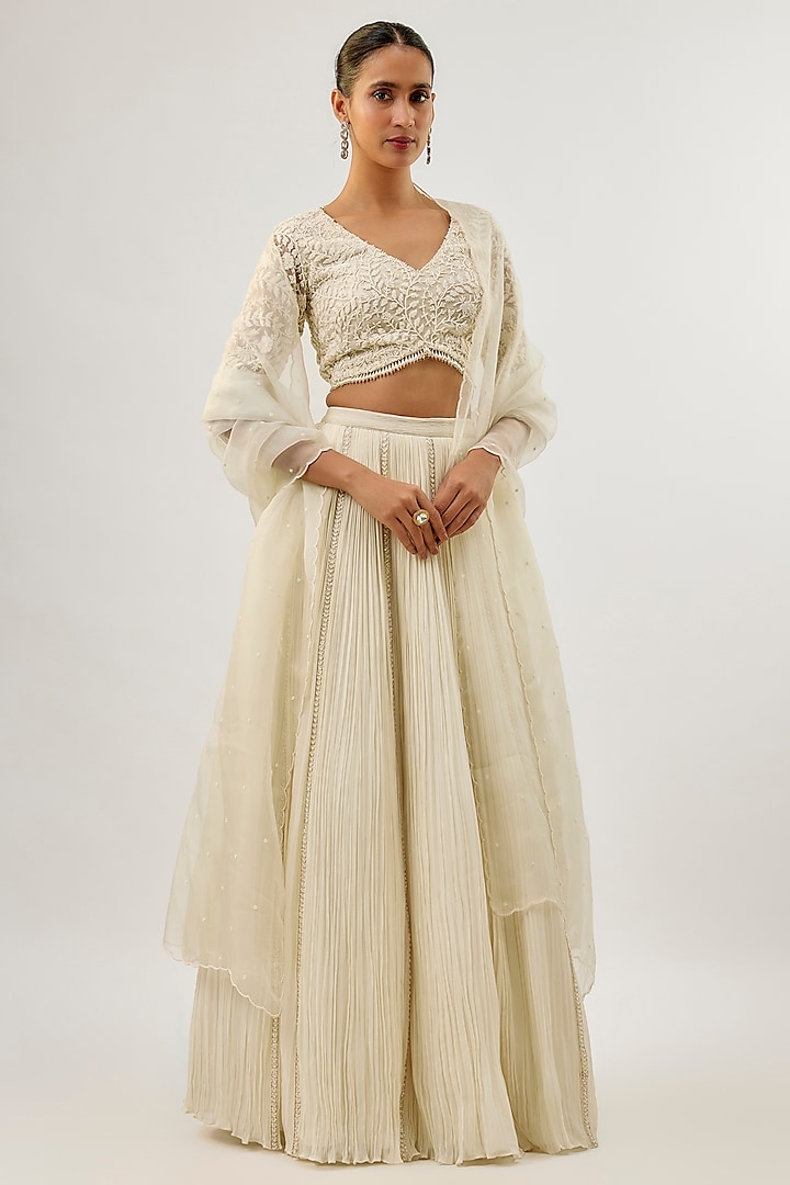 Ivory Viscose & Organza Gathered Wedding Lehenga Set by COUTURE BY NIHARIKA at Pernia's Pop Up Shop