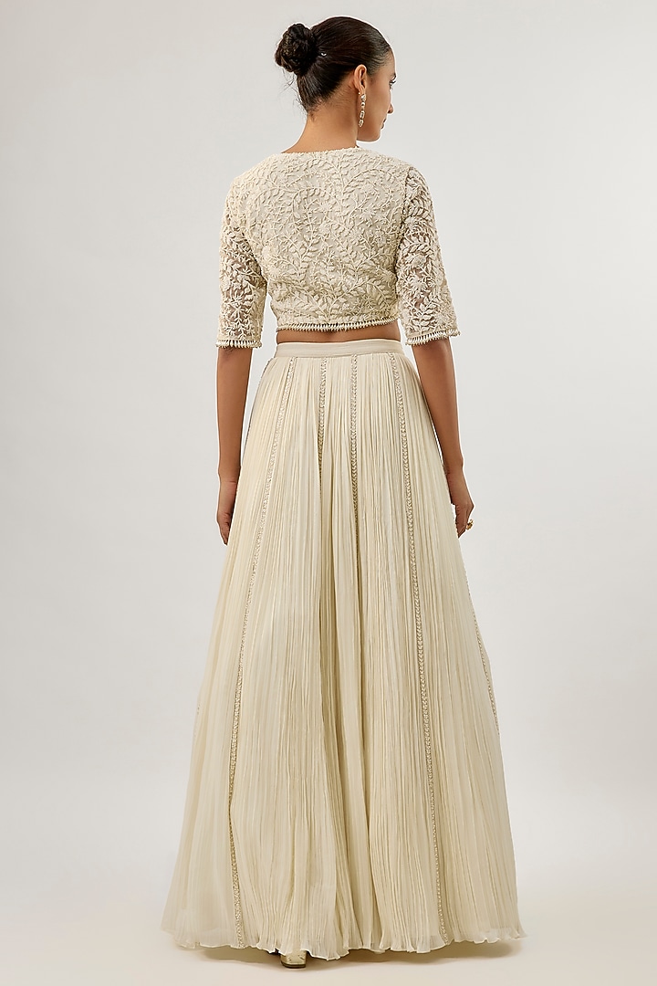 Ivory Viscose & Organza Gathered Wedding Lehenga Set by COUTURE BY NIHARIKA at Pernia's Pop Up Shop