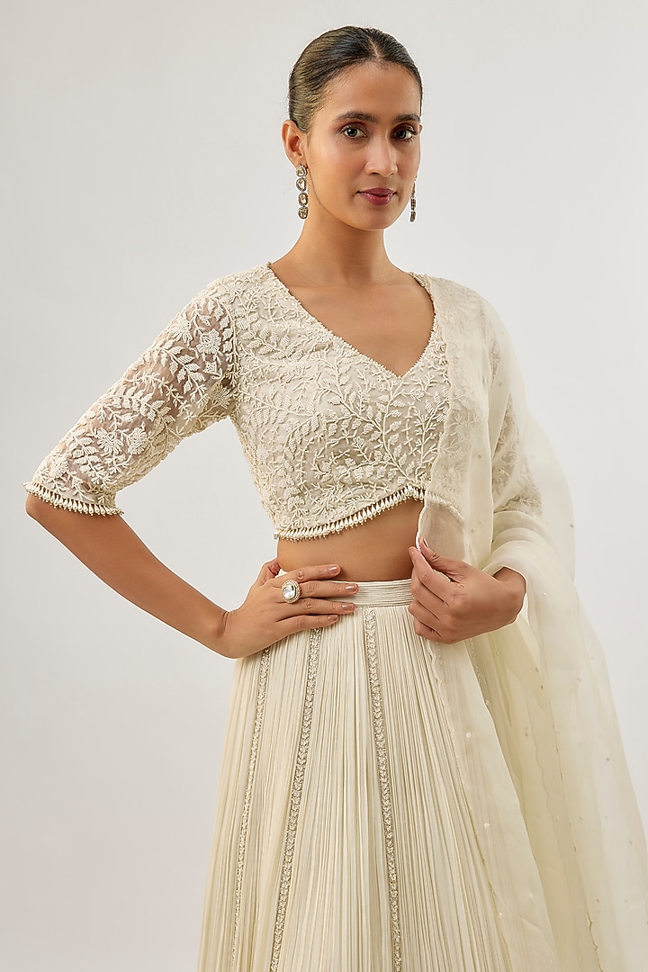 Ivory Viscose & Organza Gathered Wedding Lehenga Set by COUTURE BY NIHARIKA at Pernia's Pop Up Shop