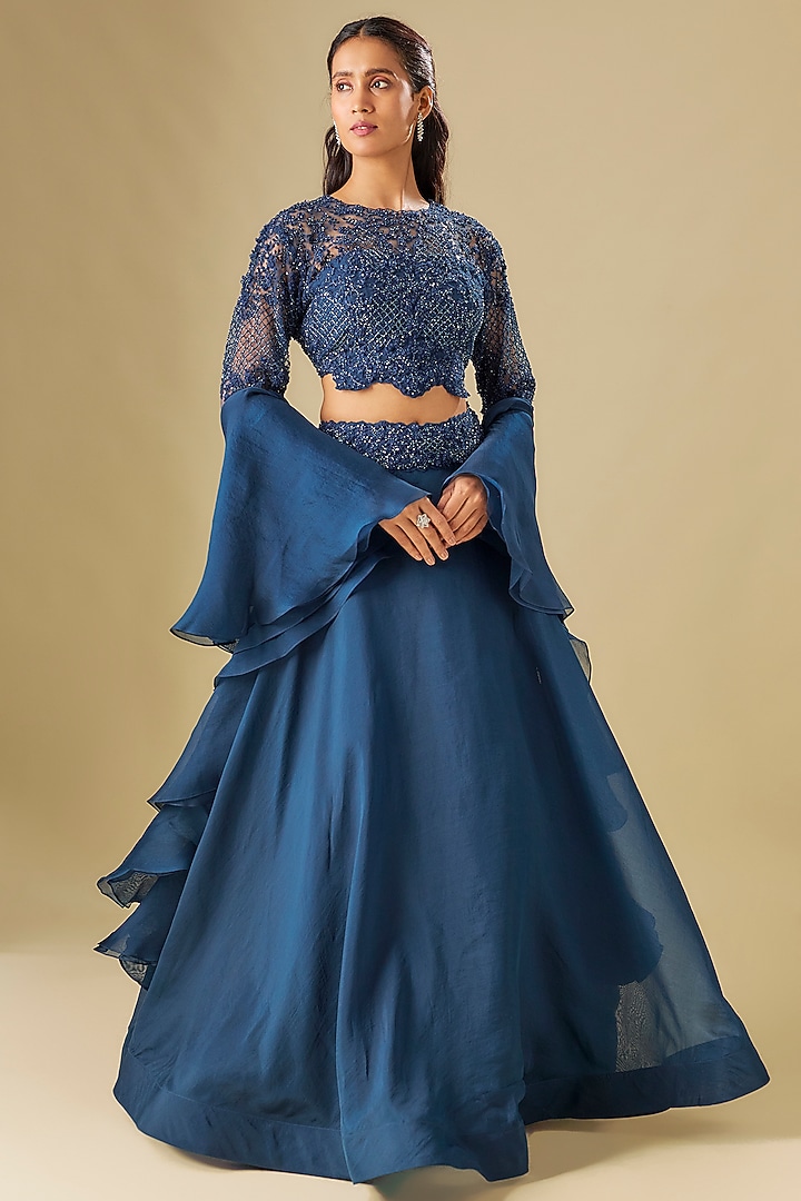 Navy Blue Net & Organza Wedding Lehenga Set by COUTURE BY NIHARIKA at Pernia's Pop Up Shop
