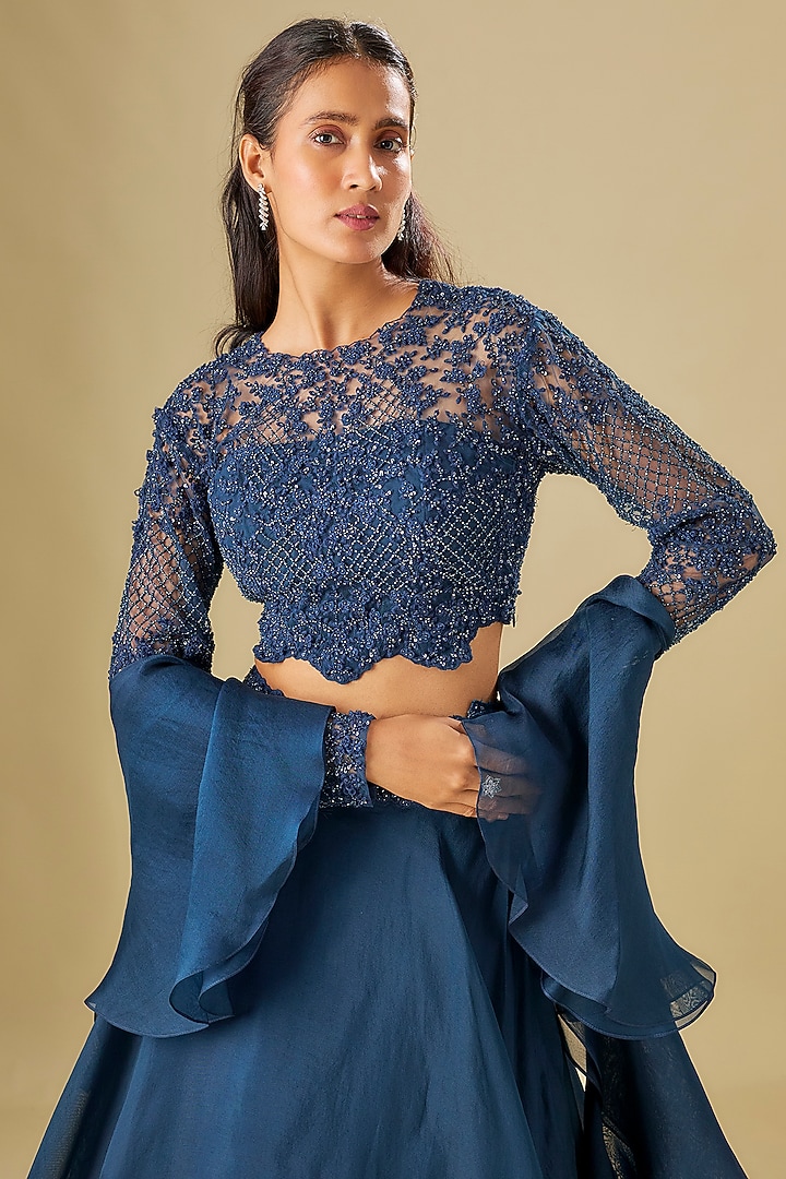 Navy Blue Net & Organza Wedding Lehenga Set by COUTURE BY NIHARIKA at Pernia's Pop Up Shop