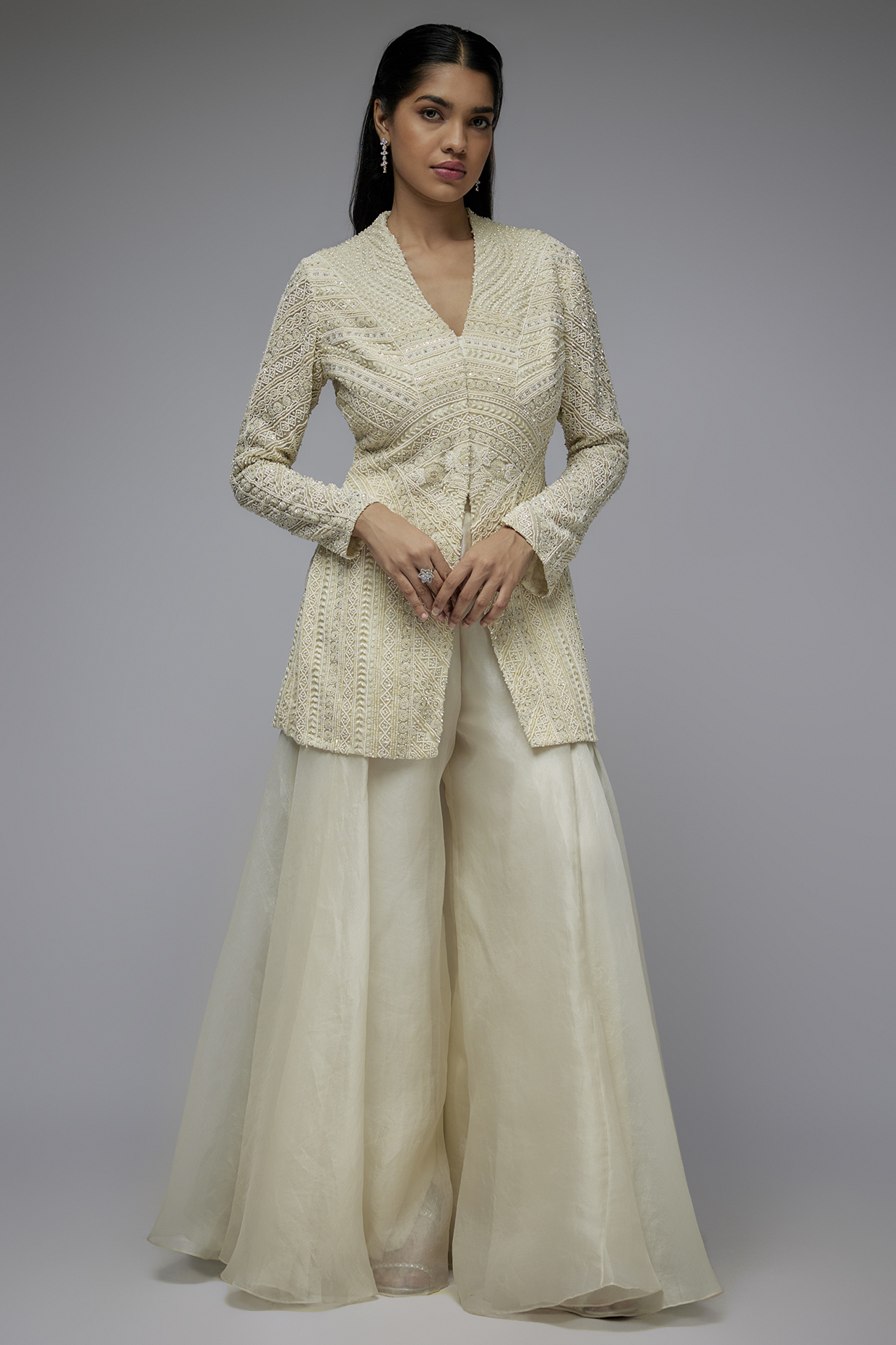 Ivory Organza Floral Embroidered Jacket Set by COUTURE BY NIHARIKA at Pernia's Pop Up Shop