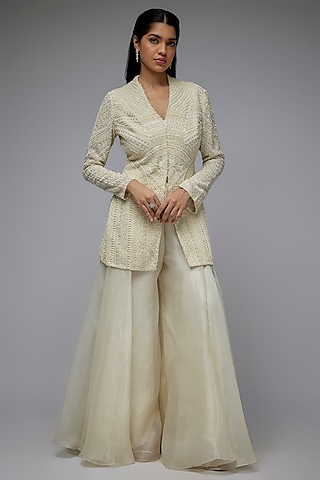 Ivory Organza Floral Embroidered Jacket Set by COUTURE BY NIHARIKA