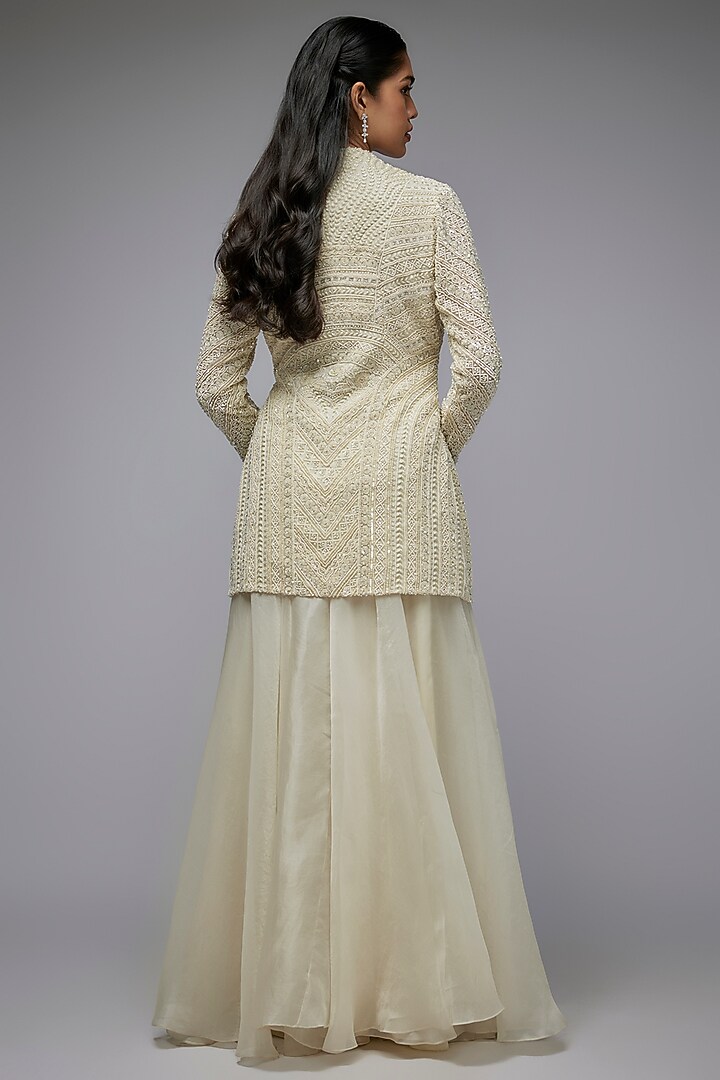 Ivory Organza Floral Embroidered Jacket Set by COUTURE BY NIHARIKA at Pernia's Pop Up Shop