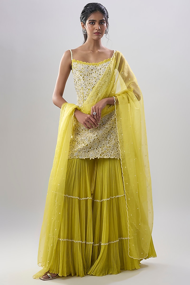 Yellow Organza Bridal Sharara Set by COUTURE BY NIHARIKA at Pernia's Pop Up Shop