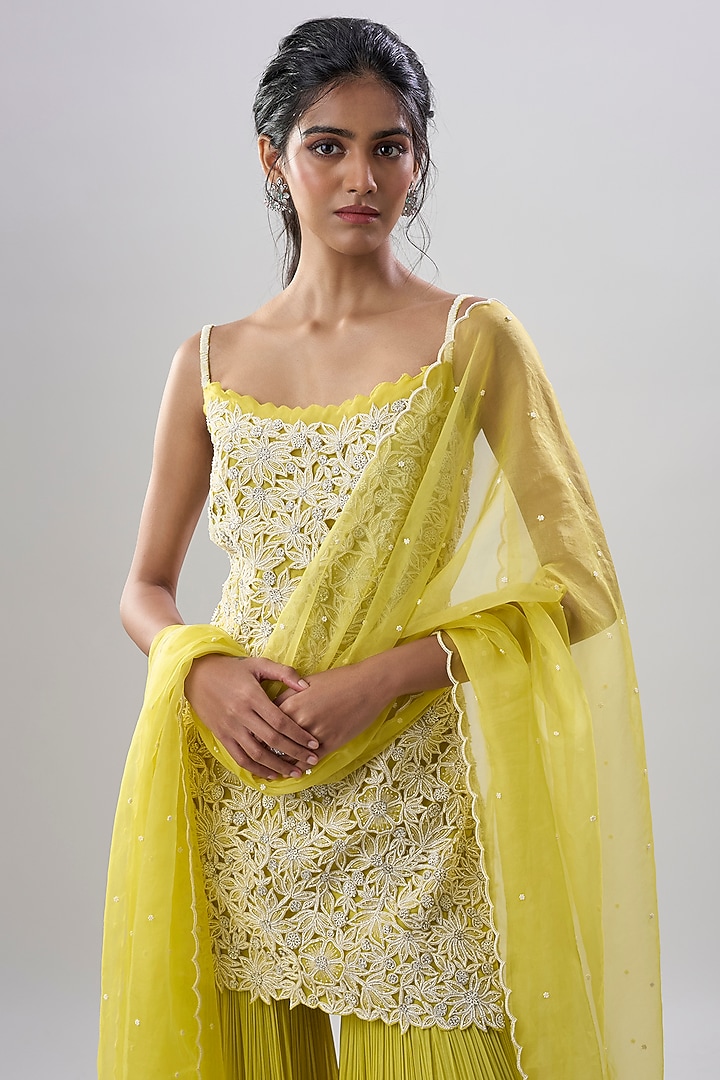 Yellow Organza Bridal Sharara Set by COUTURE BY NIHARIKA at Pernia's Pop Up Shop