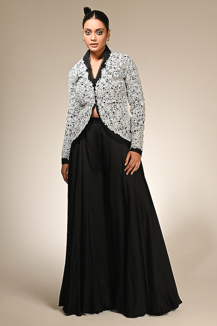 Black Organza Hand & Machine Embroidered Jacket Set by COUTURE BY NIHARIKA at Pernia's Pop Up Shop