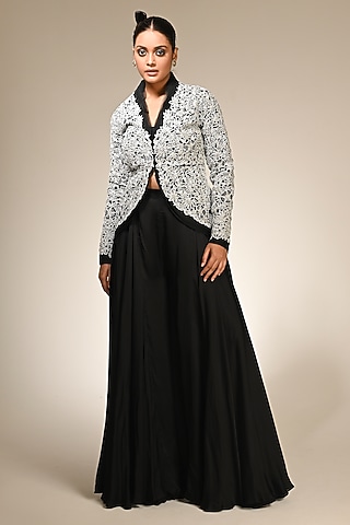 Black Organza Hand & Machine Embroidered Jacket Set by COUTURE BY NIHARIKA