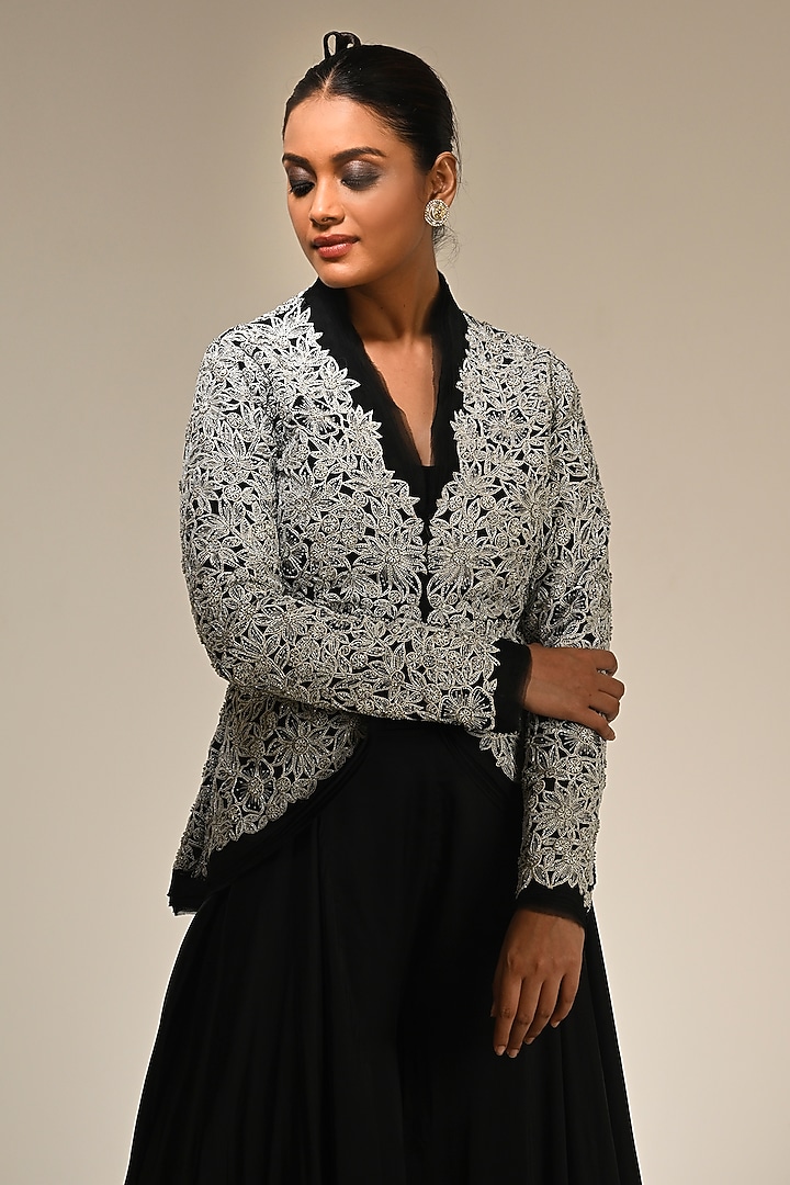 Black Organza Hand & Machine Embroidered Jacket Set by COUTURE BY NIHARIKA at Pernia's Pop Up Shop