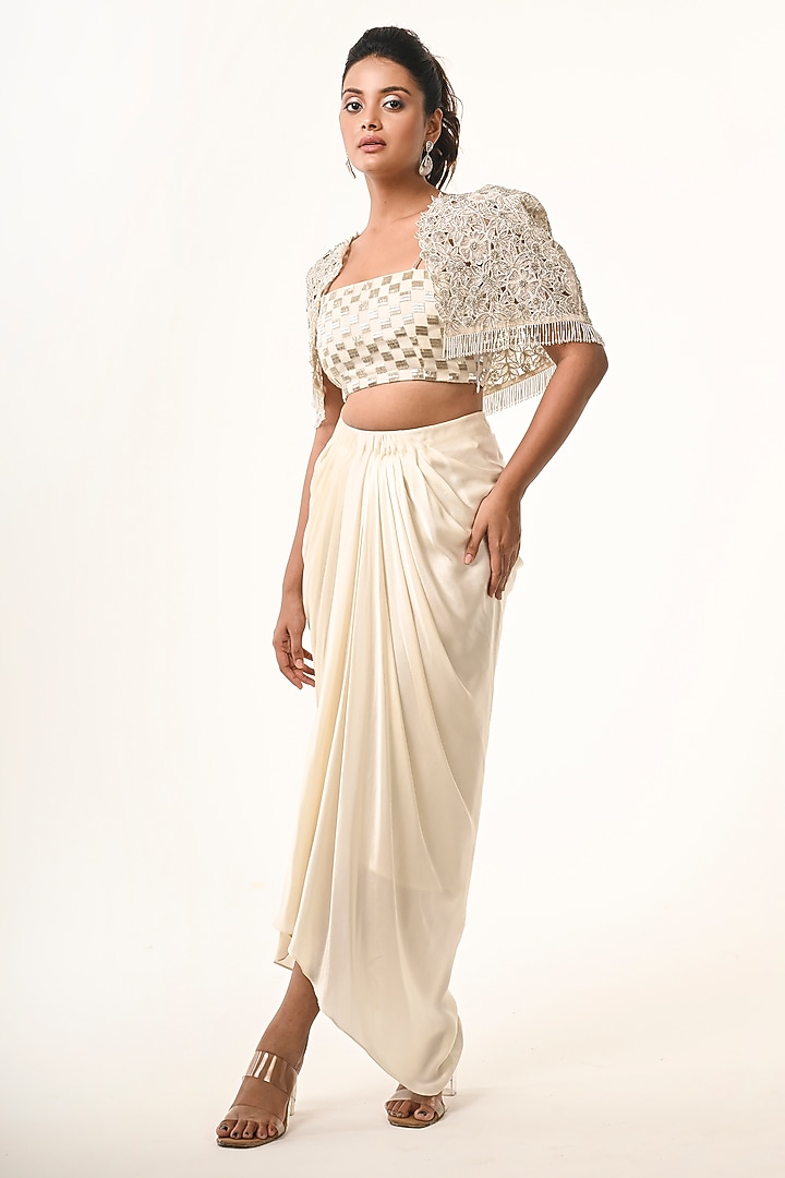 Ivory Organza & Pure Satin Floral Cutwork Cape Set by COUTURE BY NIHARIKA at Pernia's Pop Up Shop