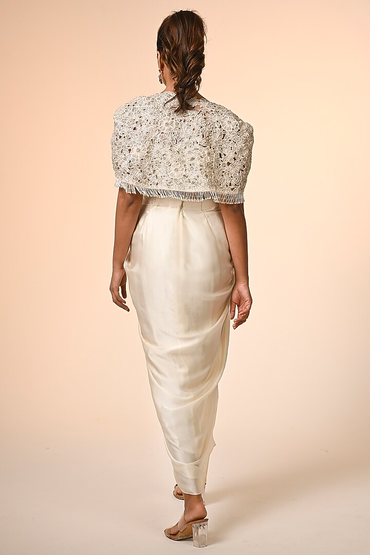 Ivory Organza & Pure Satin Floral Cutwork Cape Set by COUTURE BY NIHARIKA at Pernia's Pop Up Shop