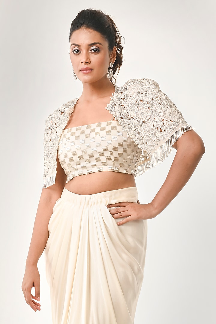 Ivory Organza & Pure Satin Floral Cutwork Cape Set by COUTURE BY NIHARIKA at Pernia's Pop Up Shop