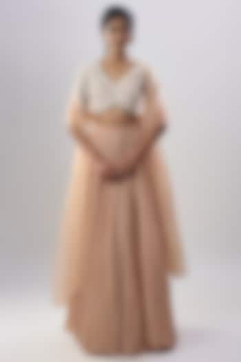 Beige Organza Hand & Machine Embroidered Gathered Wedding Lehenga Set by COUTURE BY NIHARIKA at Pernia's Pop Up Shop