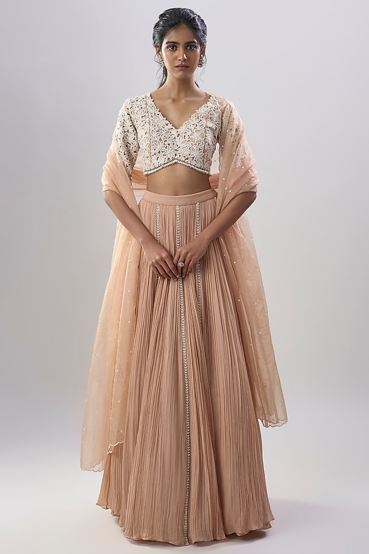 Beige Organza Hand & Machine Embroidered Gathered Wedding Lehenga Set by COUTURE BY NIHARIKA at Pernia's Pop Up Shop