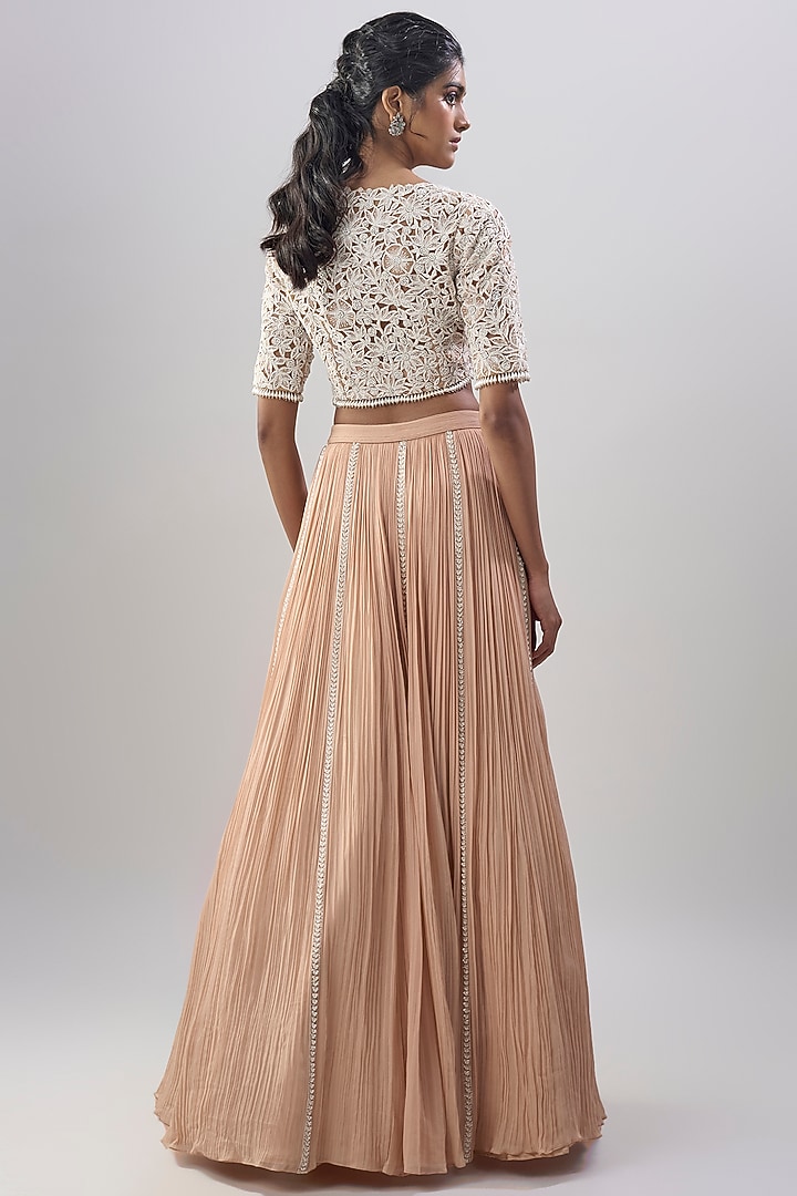 Beige Organza Hand & Machine Embroidered Gathered Wedding Lehenga Set by COUTURE BY NIHARIKA at Pernia's Pop Up Shop