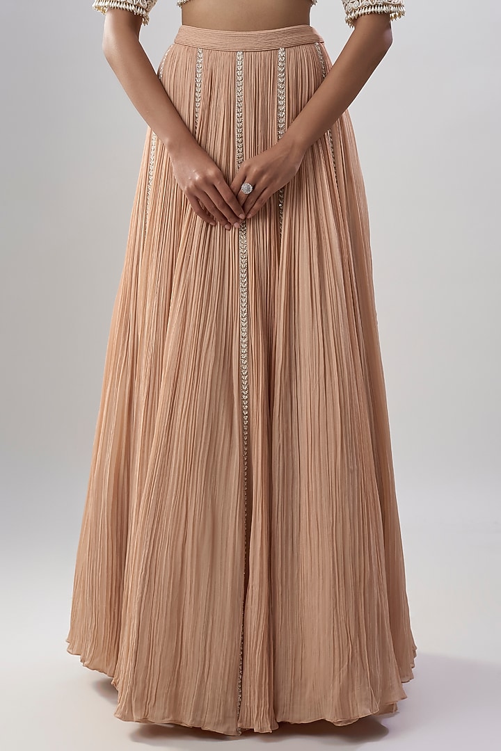 Beige Organza Hand & Machine Embroidered Gathered Wedding Lehenga Set by COUTURE BY NIHARIKA at Pernia's Pop Up Shop