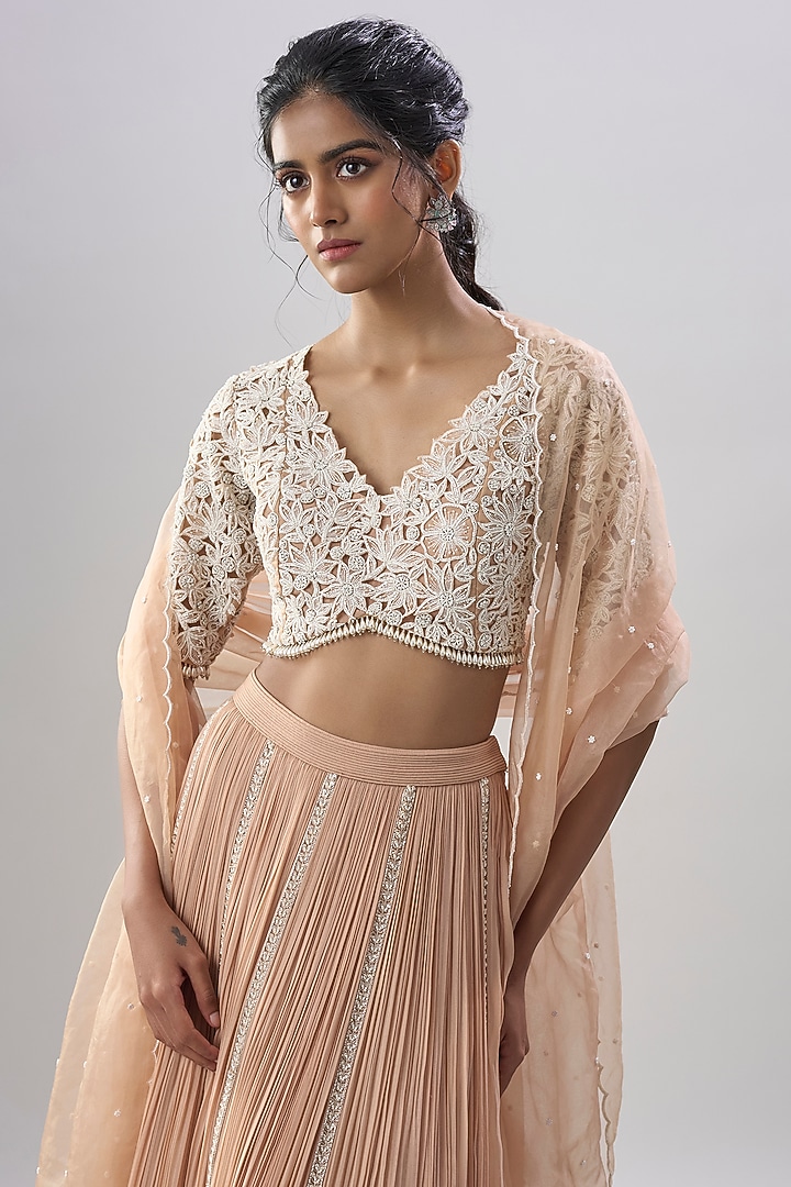Beige Organza Hand & Machine Embroidered Gathered Wedding Lehenga Set by COUTURE BY NIHARIKA at Pernia's Pop Up Shop