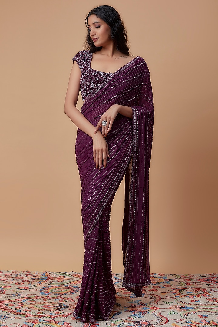Wine Net Embroidered Saree Set by COUTURE BY NIHARIKA