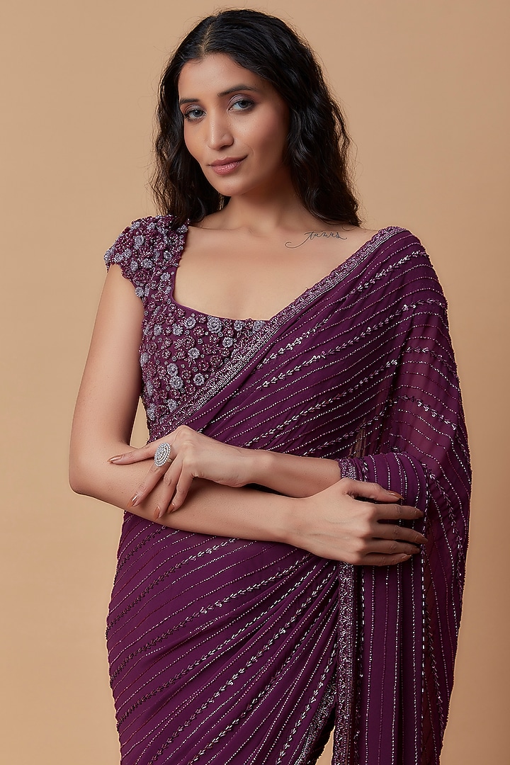 Wine Net Embroidered Reception Saree Set by COUTURE BY NIHARIKA at Pernia's Pop Up Shop