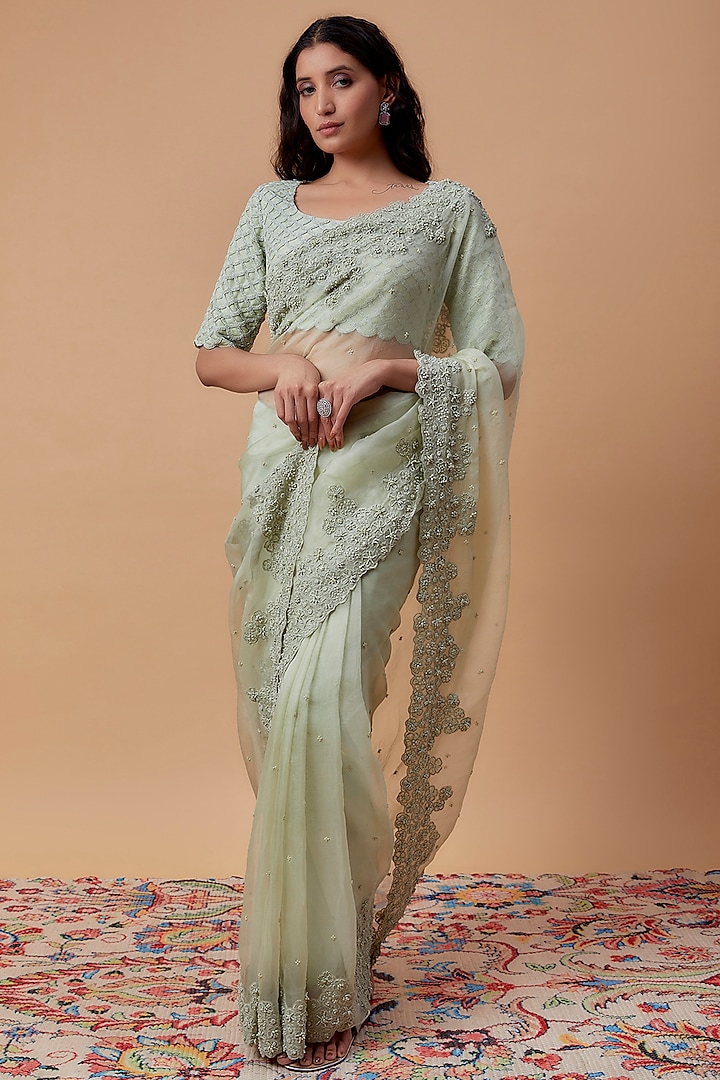 Dusty Green Net Embroidered Saree Set by COUTURE BY NIHARIKA