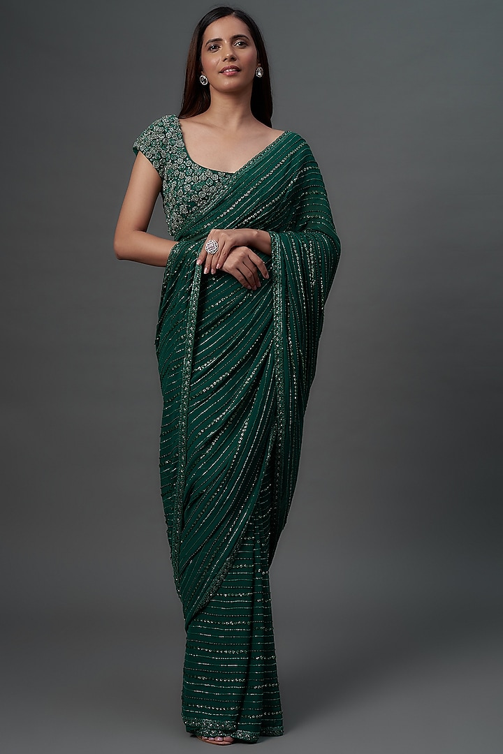 Emerald Green Georgette Hand Embroidered Saree Set by COUTURE BY NIHARIKA at Pernia's Pop Up Shop