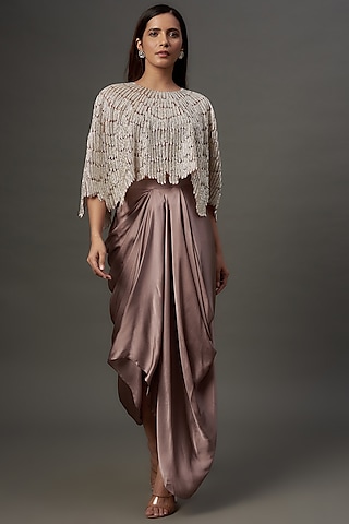 Dusty Purple Pure Satin & Organza Embroidered Cape Set by COUTURE BY NIHARIKA