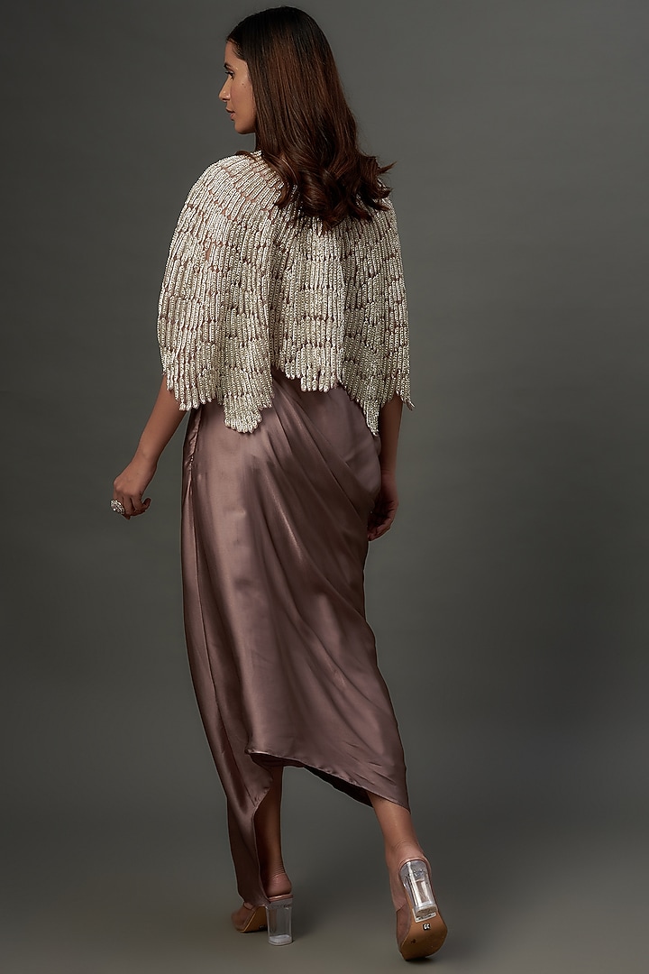 Dusty Purple Pure Satin & Organza Embroidered Cape Set by COUTURE BY NIHARIKA at Pernia's Pop Up Shop