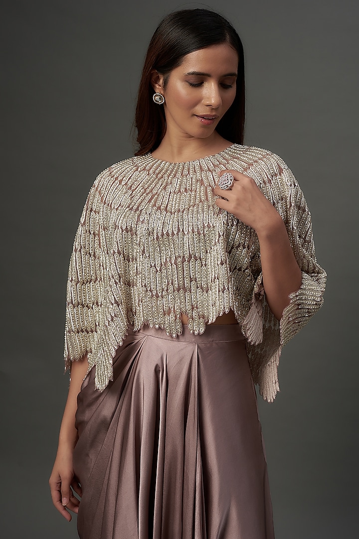 Dusty Purple Pure Satin & Organza Embroidered Cape Set by COUTURE BY NIHARIKA at Pernia's Pop Up Shop