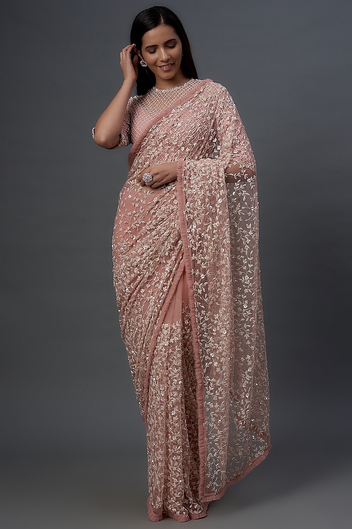 Blush Pink Net Embroidered Saree Set by COUTURE BY NIHARIKA