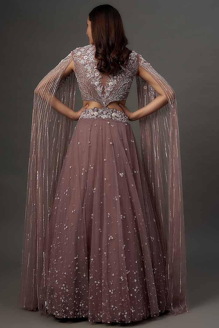 Dusty Purple Taiwan Net Embroidered Skirt Set by COUTURE BY NIHARIKA at Pernia's Pop Up Shop