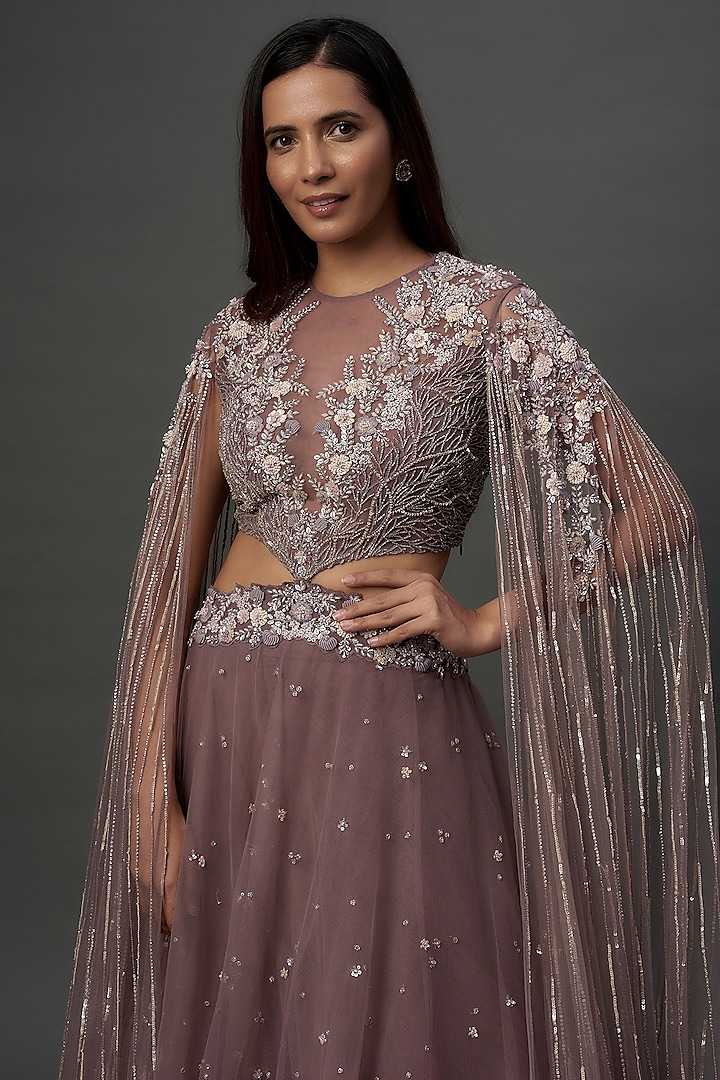 Dusty Purple Taiwan Net Embroidered Skirt Set by COUTURE BY NIHARIKA at Pernia's Pop Up Shop