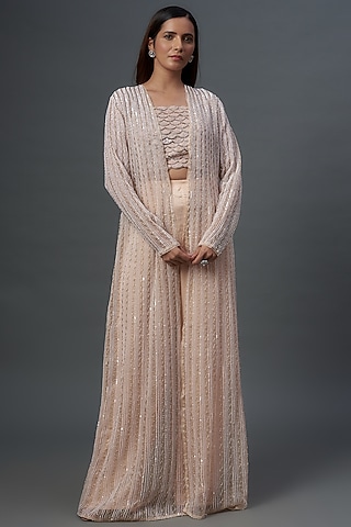 Peach Organza Hand Embroidered Jacket Set by COUTURE BY NIHARIKA