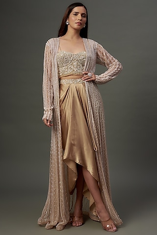 Beige Net Hand Embroidered Jacket Set by COUTURE BY NIHARIKA