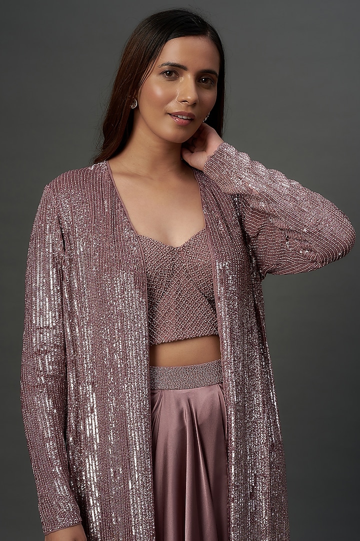 Dusty Purple Georgette Hand Embroidered Jacket Set by COUTURE BY NIHARIKA at Pernia's Pop Up Shop
