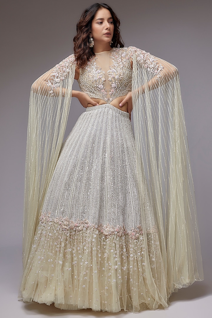 Ivory Net & Organza Embroidered Lehenga Set by COUTURE BY NIHARIKA