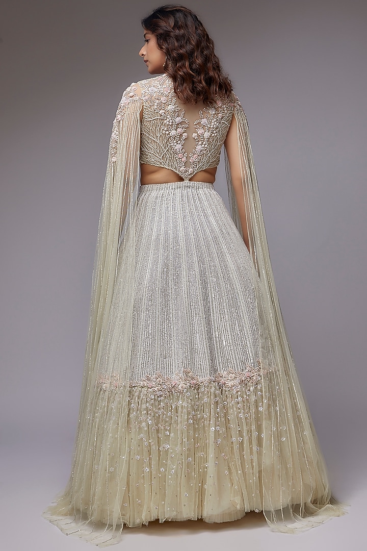 Ivory Net & Organza Embroidered Bridal Lehenga Set by COUTURE BY NIHARIKA at Pernia's Pop Up Shop