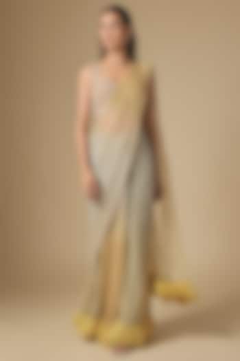 Grey & Gold Net Feather Embellished Reception Saree Set by COUTURE BY NIHARIKA at Pernia's Pop Up Shop