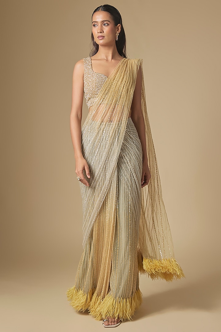 Grey & Gold Net Feather Embellished Reception Saree Set by COUTURE BY NIHARIKA at Pernia's Pop Up Shop