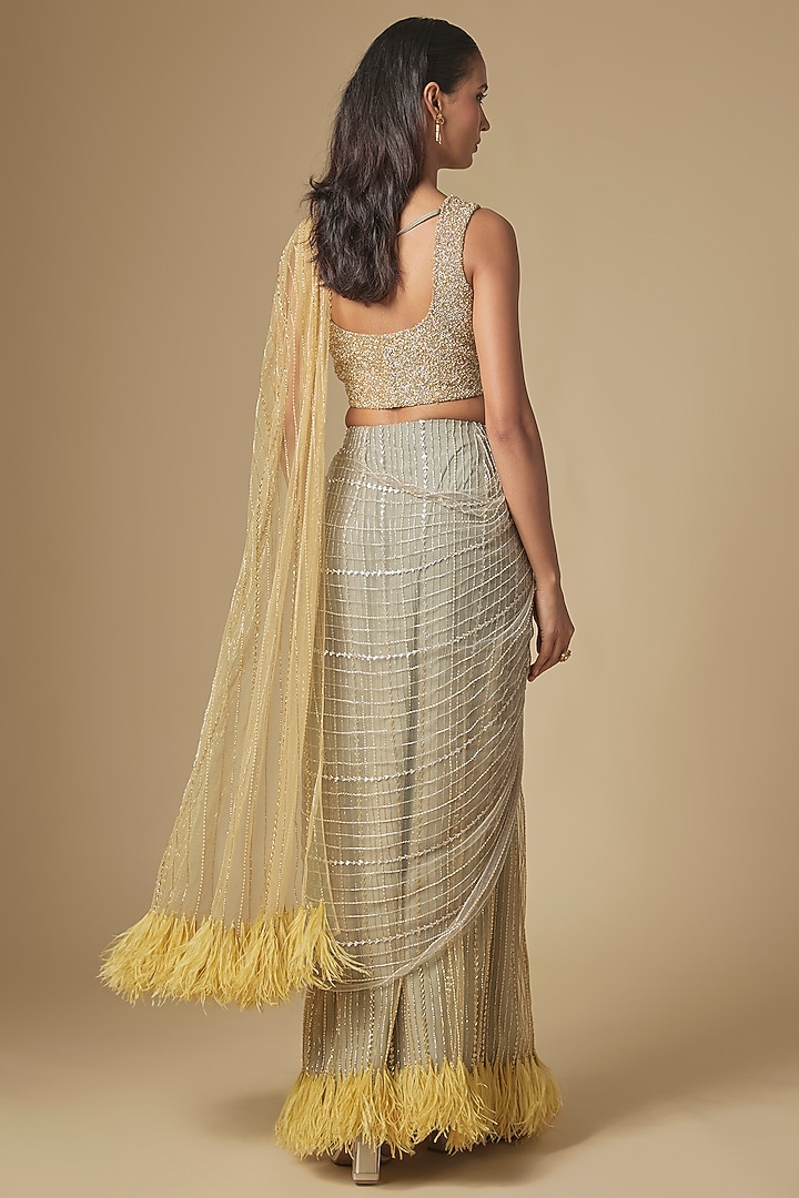 Grey & Gold Net Feather Embellished Reception Saree Set by COUTURE BY NIHARIKA at Pernia's Pop Up Shop