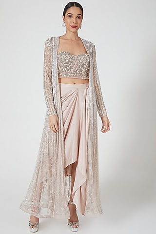 Peach Pure Satin Draped Skirt Set by COUTURE BY NIHARIKA
