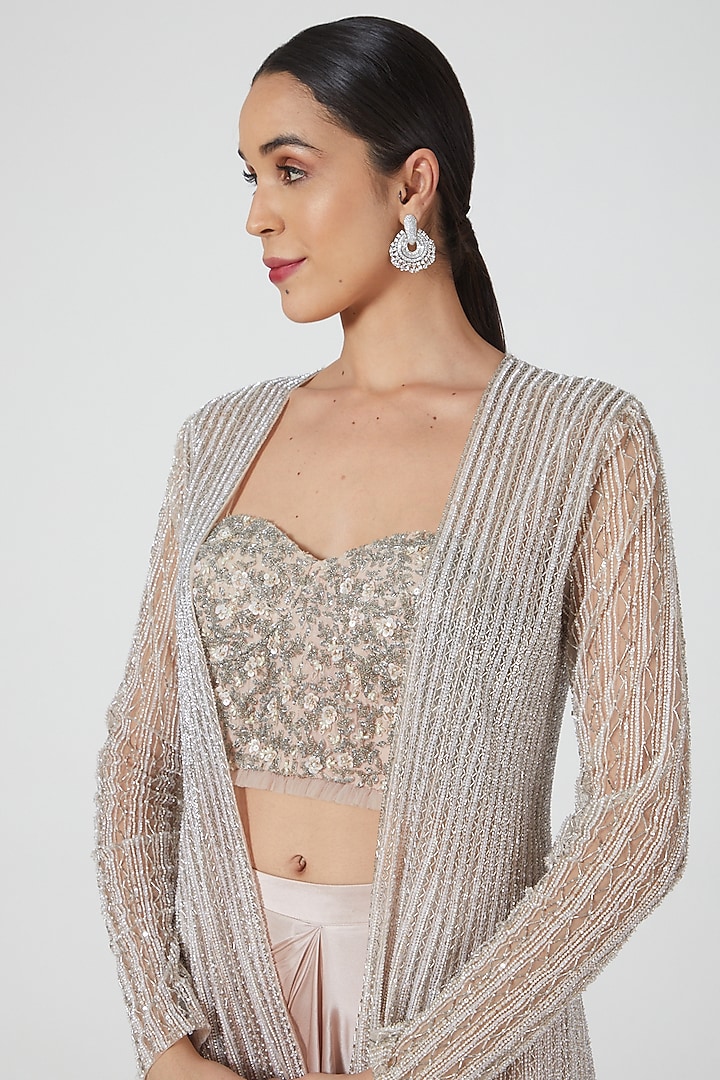 Peach Pure Satin Draped Skirt Set by COUTURE BY NIHARIKA at Pernia's Pop Up Shop