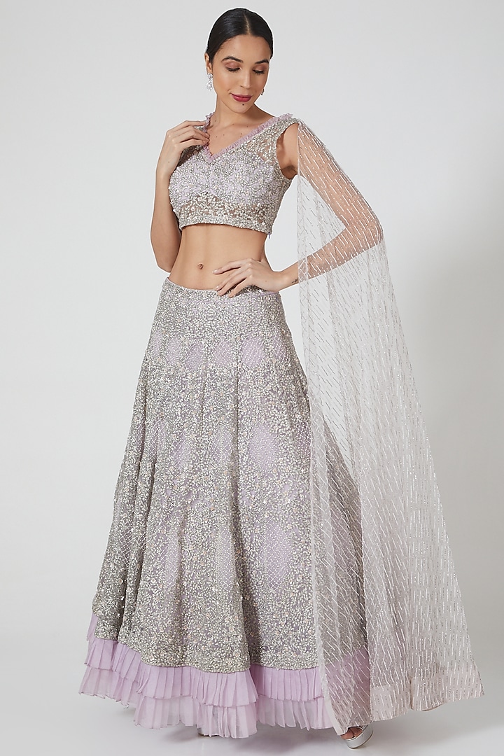 Purple Hand Embroidered Lehenga Set by COUTURE BY NIHARIKA