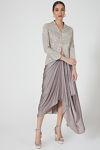 Grey Puree Satin Skirt Set by COUTURE BY NIHARIKA