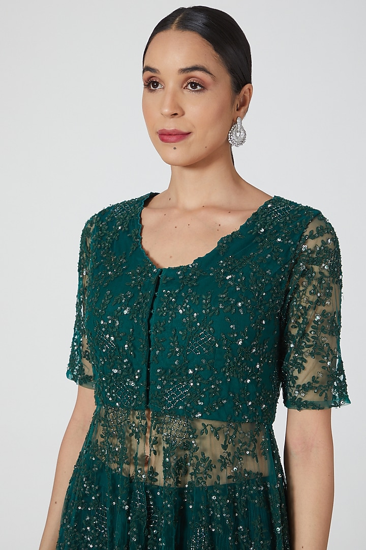 Emerald Green Hand Embroidered Jacket Set by COUTURE BY NIHARIKA at Pernia's Pop Up Shop
