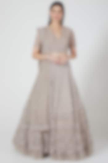 Dusty Grey Organza Sequins Embroidered Scalloped Bridal Lehenga Set by COUTURE BY NIHARIKA at Pernia's Pop Up Shop