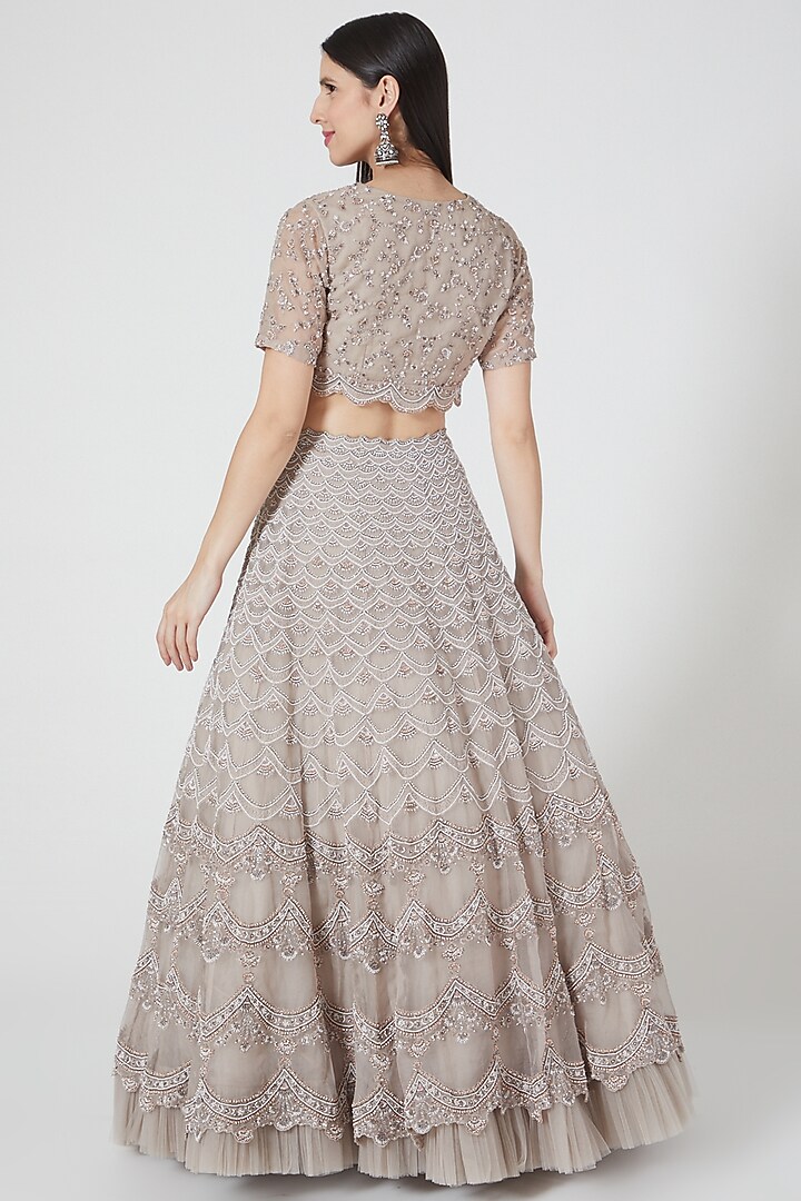 Dusty Grey Organza Sequins Embroidered Scalloped Bridal Lehenga Set by COUTURE BY NIHARIKA at Pernia's Pop Up Shop