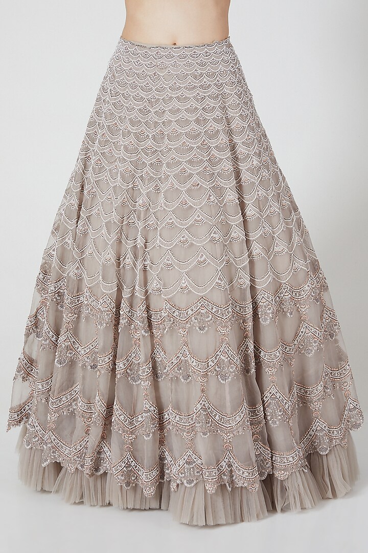 Dusty Grey Organza Sequins Embroidered Scalloped Bridal Lehenga Set by COUTURE BY NIHARIKA at Pernia's Pop Up Shop