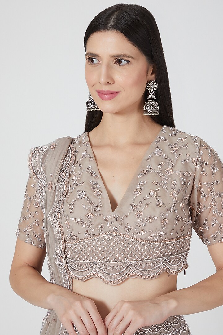 Dusty Grey Organza Sequins Embroidered Scalloped Bridal Lehenga Set by COUTURE BY NIHARIKA at Pernia's Pop Up Shop