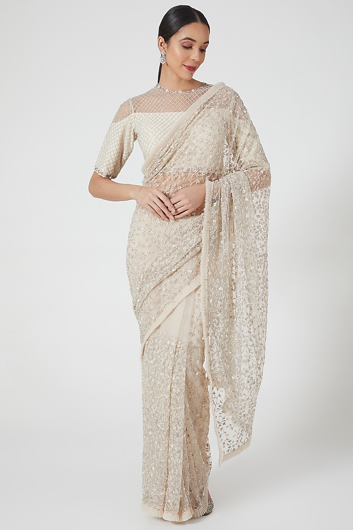 Ivory Georgette & Net Sequins Hand Embroidered Saree Set by COUTURE BY NIHARIKA